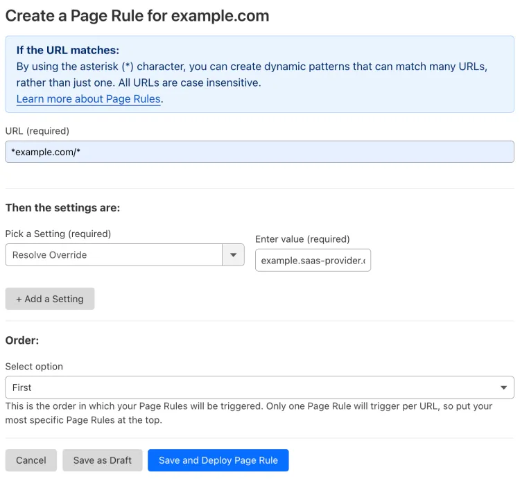 Example Page Rule with 'Resolve Override' setting