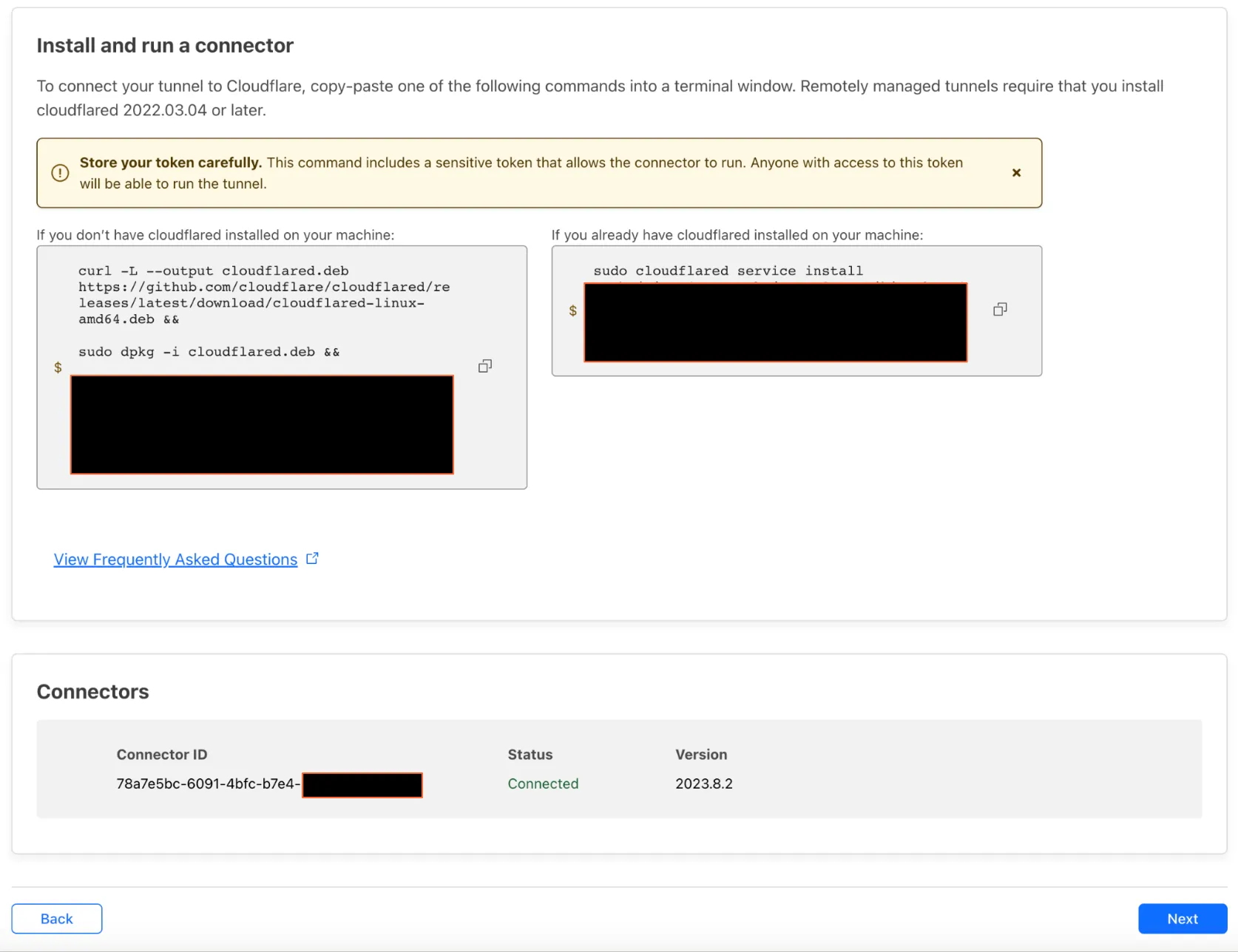 On successful configuration, Cloudflare displays the Connectors and status of connection to Cloudflare network.